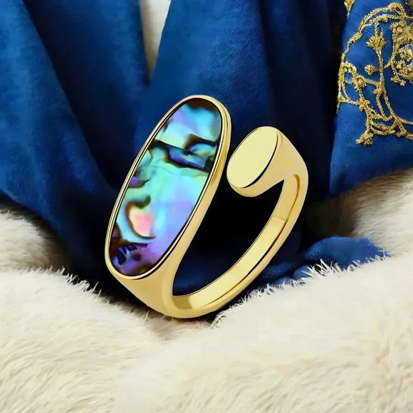 Boho Chic Adjustable Ring Abalone Shell 18K Gold Plated S925 Sterling Silver - Picture 7 of 11